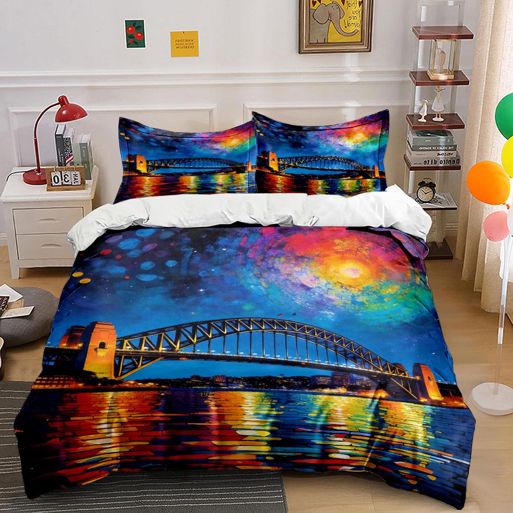 Bridge, colorful sky, reflection. Bedding sets Duvet cover sets Duvet covers Pillowcases(1 * Duvet Cover 2 * Pillowcases without duvet insert)