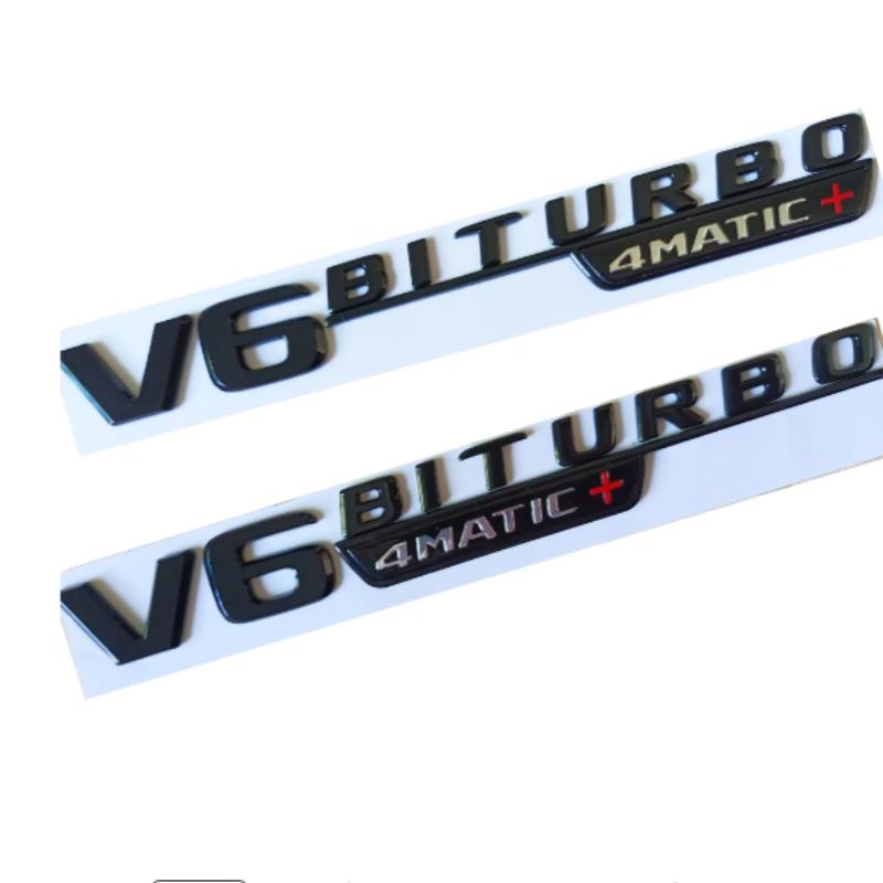 Glossy Black Metta Black Chrome Emblem for Mercedes Benz V6 BITURBO 4matic+ Car Styling Fender Badge Double Turbo Sticker