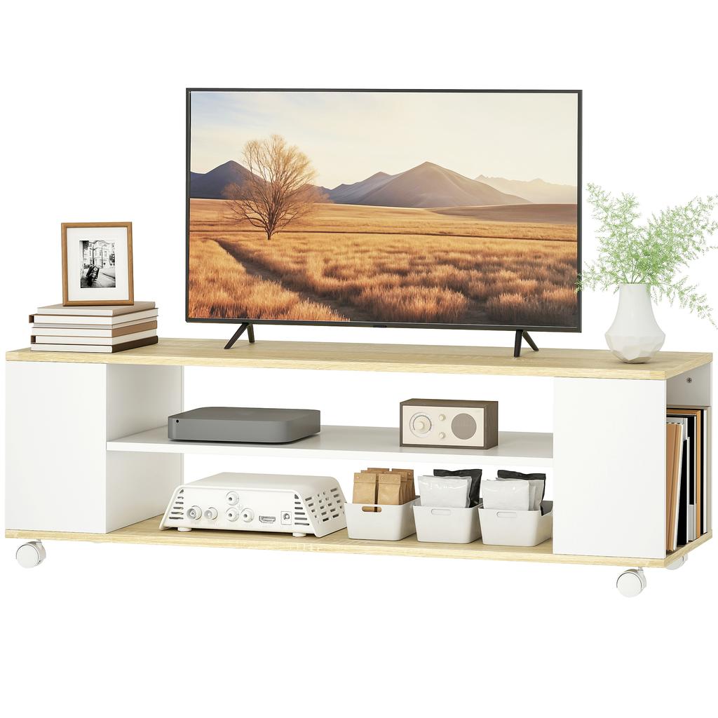 TV Cabinet With Wheels 120 Cm TV Stand For TVs Up To 55 Inches 2 Open Shelves White And Natural