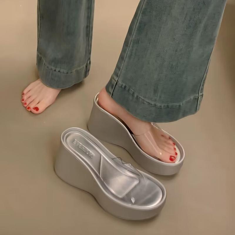 Новые женские туфли, толстые шлепанцы, сексуальные туфли-лодочки, модные шлепанцы из ПВХ, прозрачные тапочки на высоком каблуке, женская повседневная пляжная обувь для отдыха на природе