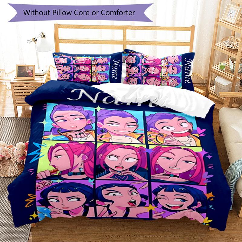 3pcs KPop Demon Hunters36 Cover Set - Personalized Name, HD Printed Bedding with 1 Cover and 2 Pillowcases - Perfect for Home Decor, Easy Care