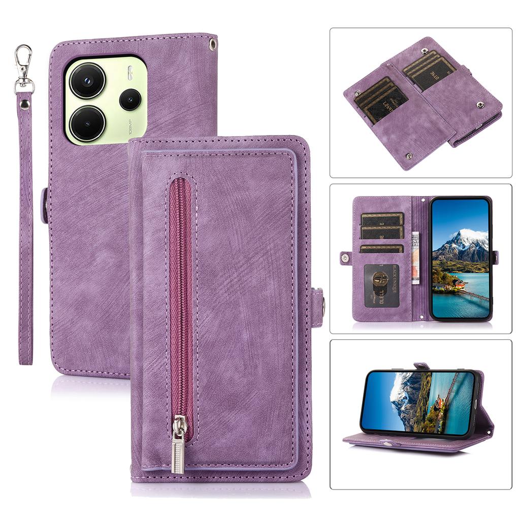 For Xiaomi Redmi Note 14 4G (164.84mm) Case Zipper Pocket 9 Card Slots PU Leather Phone Cover with Wrist Strap