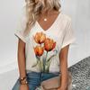 Summer New 3D Printe T-shirt Women's V-neck Top Summer Daily  Short-sleeved White Comfortable Street T-shirt