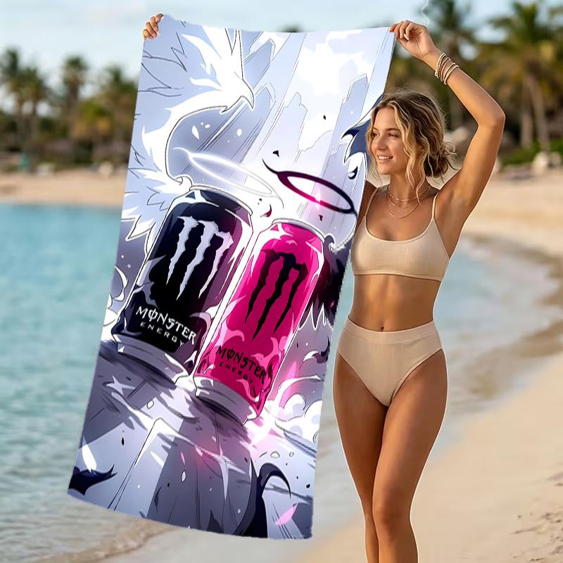 Пляжное полотенце с узором из логотипов Monster Energy - мягкое, впитывающее, можно стирать в машине. Легкое и современное, для плавания, незаменимо в путешествиях
