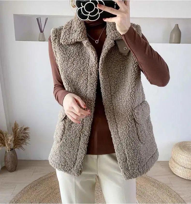 Зимний жилет, куртки из овечьей шерсти, утолщенный теплый жилет, женский отложной воротник, скрытые карманы на пуговицах, верхняя одежда, пальто без рукавов