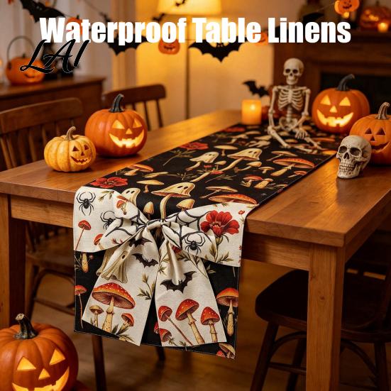 Holiday Themed Table Cover Halloween Runner with Bow Ghost Mushroom Pumpkin Skeleton Print Runner 13 Durable Polyester x 70 Inch Spooky Kitchen