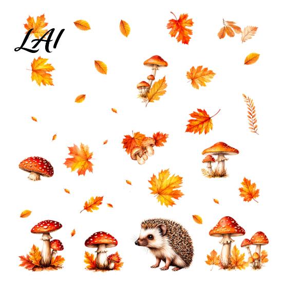 Static Window Film 2PCS Autumn Hedgehog Clings Fall Maple Leaf Mushroom Glass Stickers Clings No-Adhesive Decals for Home Store Coffee Shop
