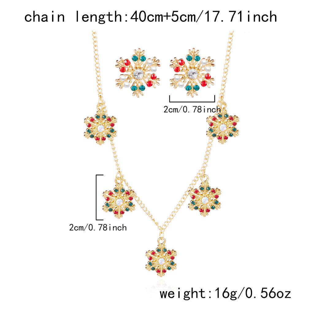 Christmas Imitation Pearl Colorful Rhinestone Snowflake Earrings Necklace for Women Exquisite Flower Jewelry Set New Year Gifts