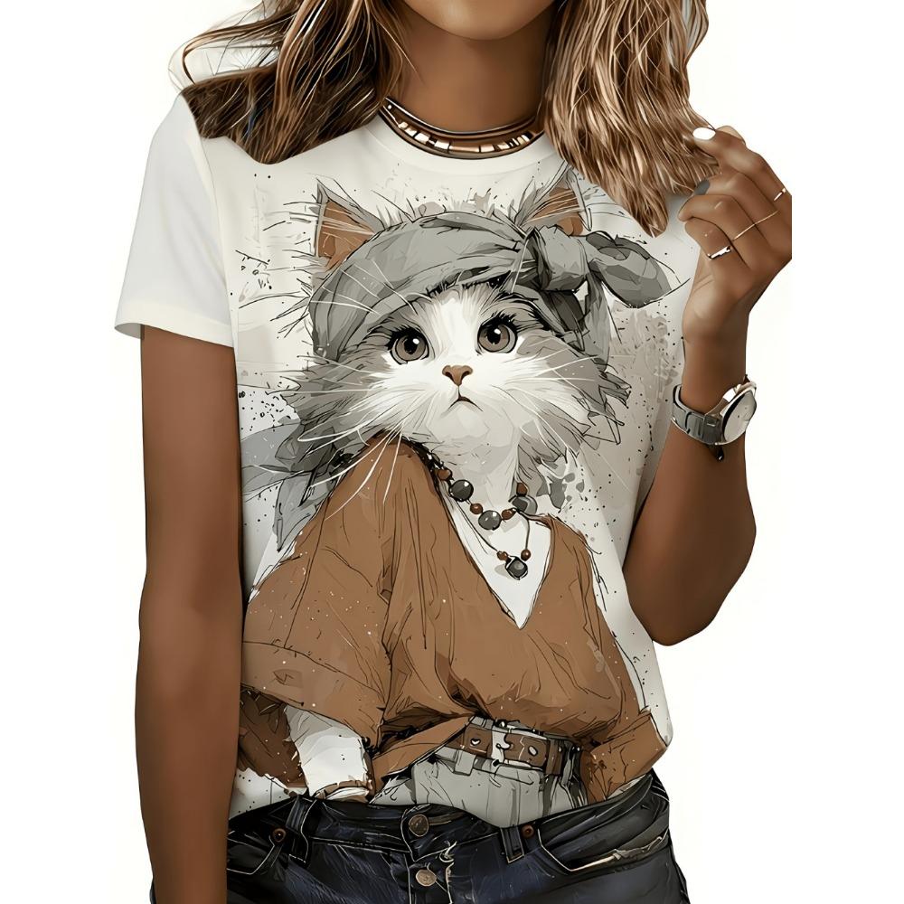 New Women's T-Shirt Cat Print Fashion Short Sleeve Printed T-Shirts Summer