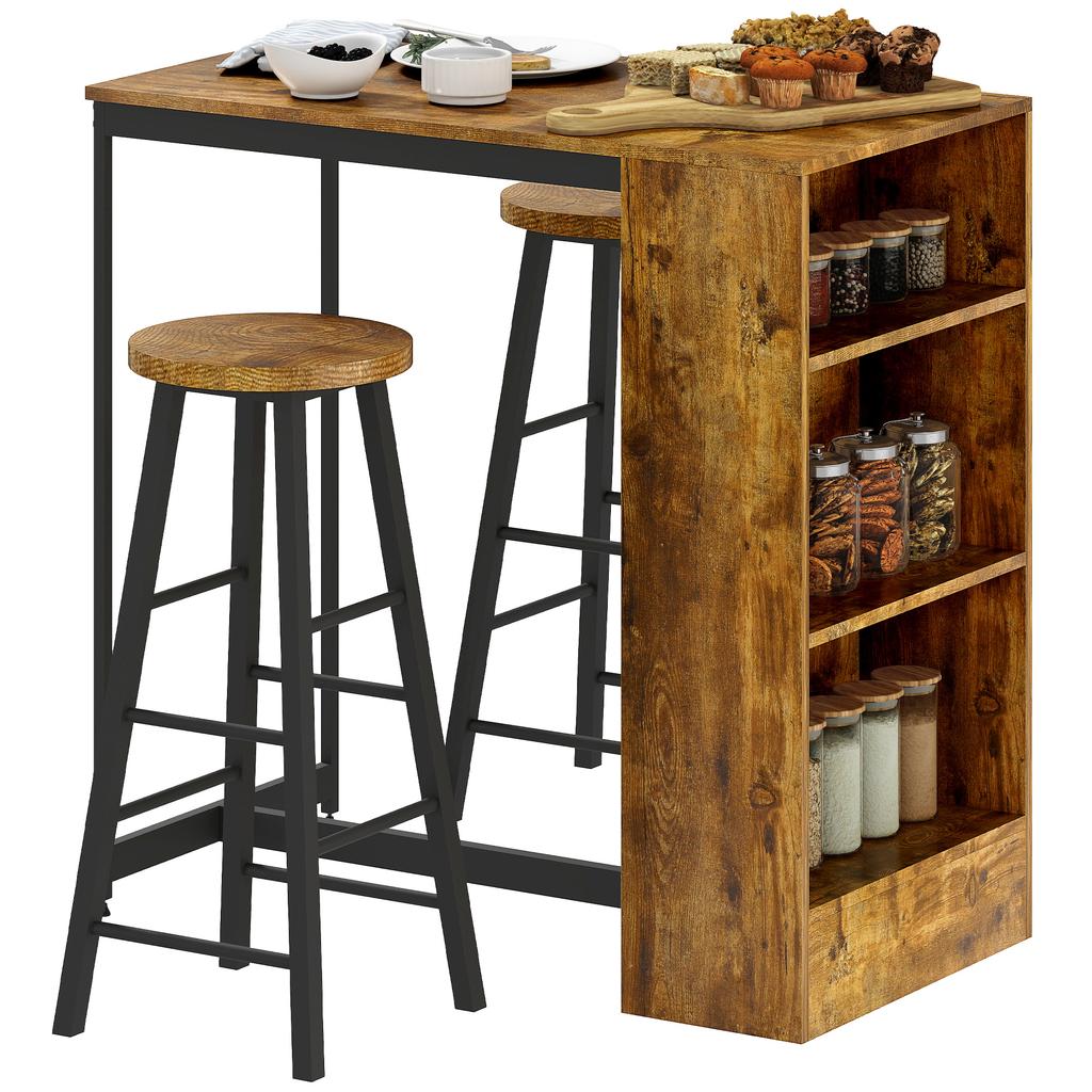 Industrial Bar Table Set for 2, 3 Pieces Pub Table and Bar Stools with Storage Shelf for Kitchen