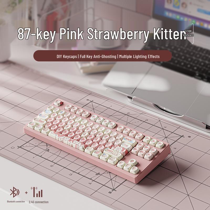 Беспроводная Bluetooth механическая клавиатура Strawberry Kitten с универсальными переключателями - Бесшумный дизайн для офиса и игр