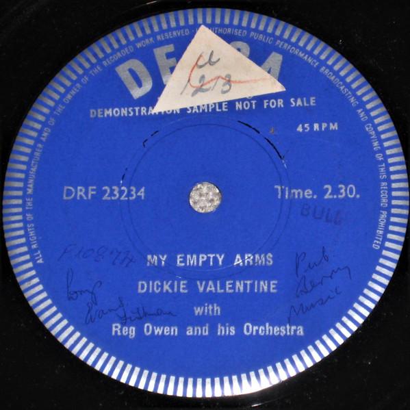 7-дюймовая пластинка DICKIE VALENTINE REG OWEN HIS OR My Empty Arms F10874PROMO Decca UK Pop Б/у