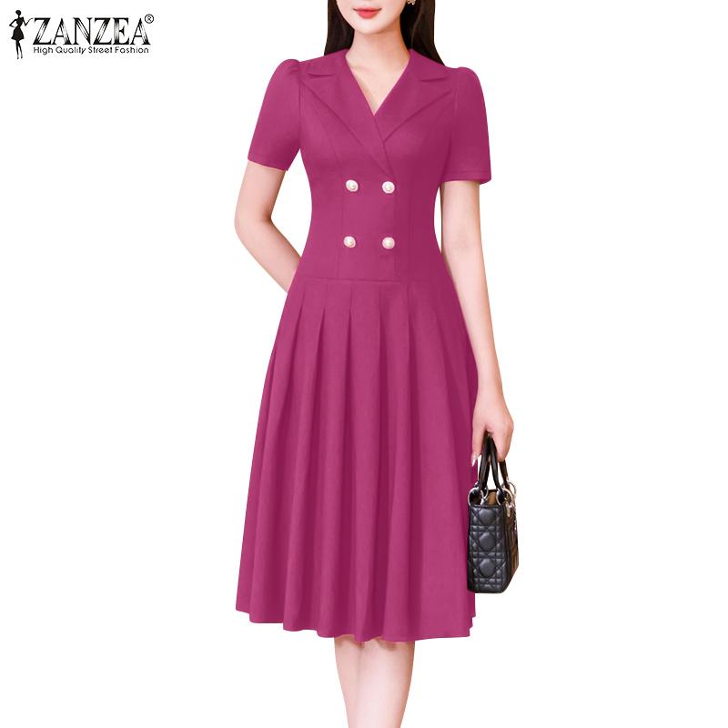 ZANZEA Женское повседневное свободное плиссированное платье с отложным воротником и коротким рукавом