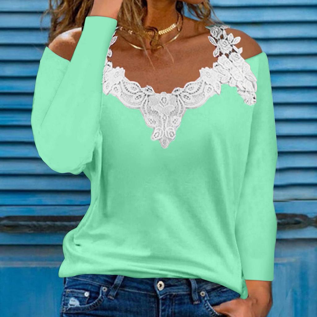 Модный кружевной пуловер с v-образным вырезом и длинным рукавом, однотонная повседневная футболка