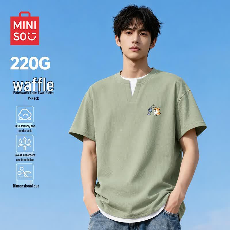 MINISO Мужская вафельная футболка с V-образным вырезом, имитация двух предметов