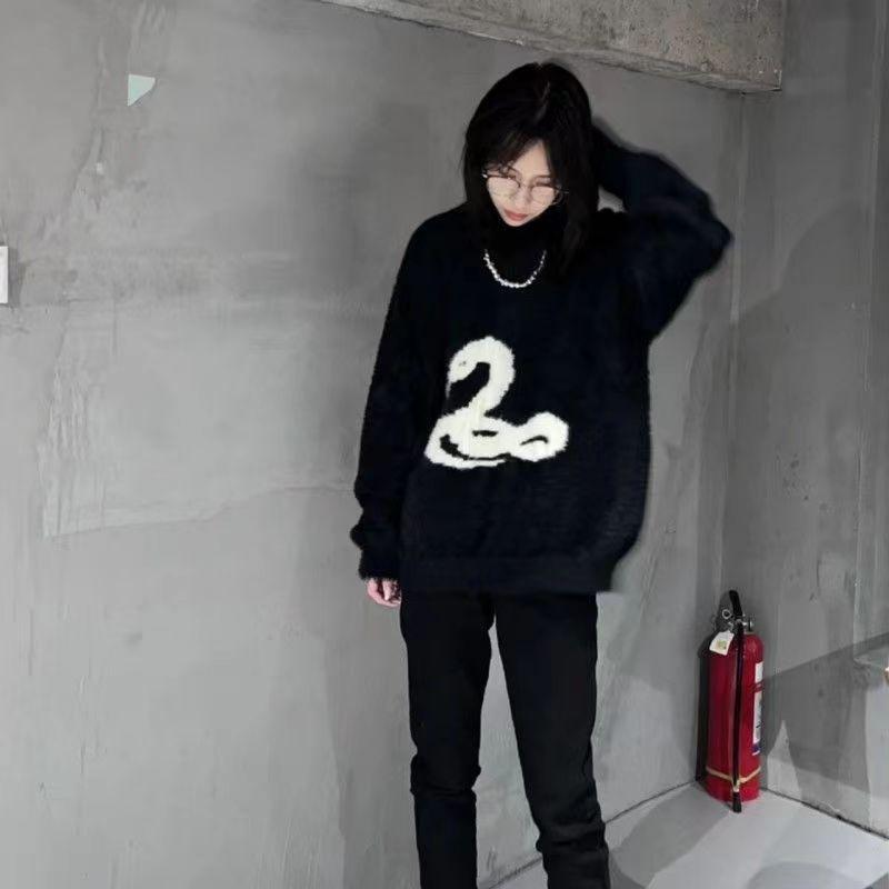 Y2k Белый готический женский свитер с принтом свободного покроя в стиле Харадзюку, корейская мода, вязаные пуловеры, змеиный узор, осенняя теплая уличная одежда