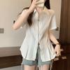 Korean Style Design Polo Collar Double Zipper White Short Sleeved Shirt Summer Top for Women