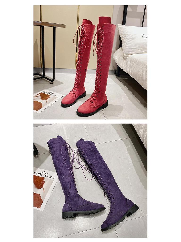European & American Style Lace-Up Over-the-Knee Round Toe Long Boots for Women, Large Size 43, Autumn/Winter 2020.