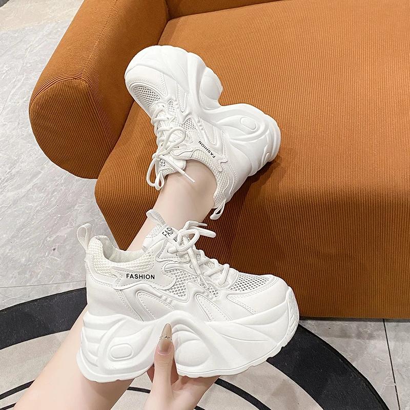 8,5 см Женские летние полые дышащие сетчатые массивные кроссовки из микрофибры, удобные повседневные папины кроссовки, женская платформа, спортивная обувь