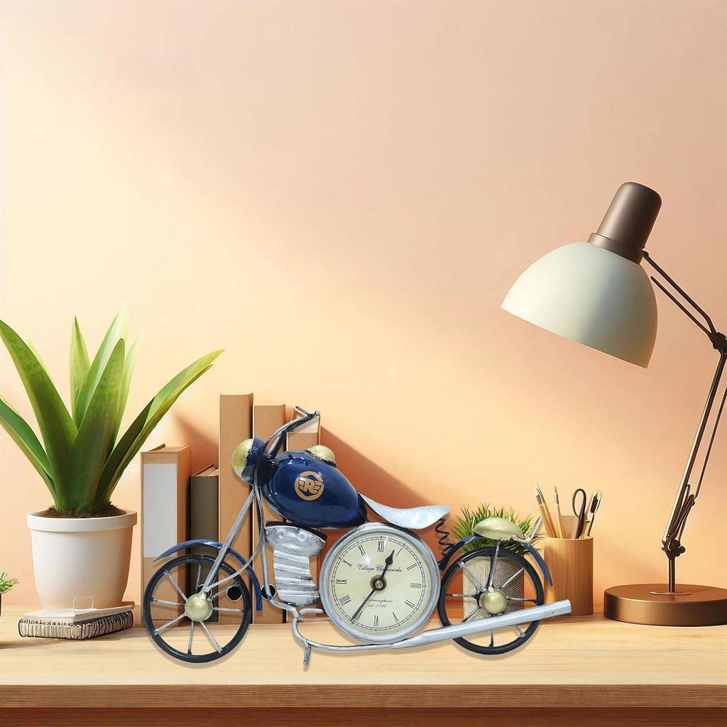 Винтажный мотоцикл Royal Bullet с антикварными часами | Декор из железа и металла в деревенском стиле, экспонат для учебного стола, письменного стола, офиса, подарков (синий)