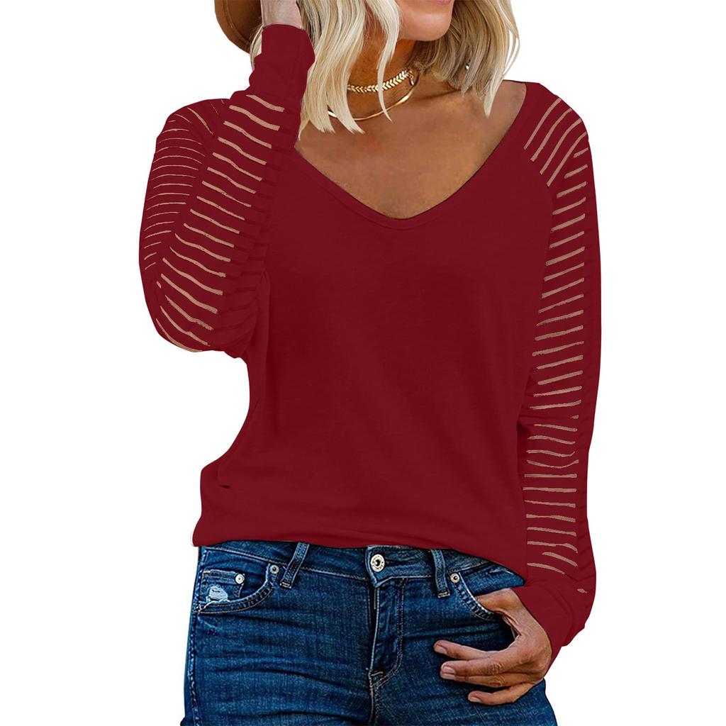 Женский топ с длинными рукавами в стиле пэчворк, повседневная свободная рубашка в полоску, однотонный топ с V-образным вырезом