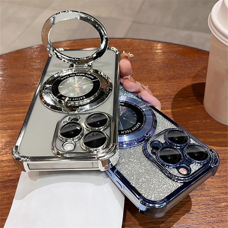 For iPhone 15 Pro Max Luxury Plating Magsafe Magnetic Stand Flash Phone Case For iPhone 11 12 13 14 15 Pro Lens Protective Cover