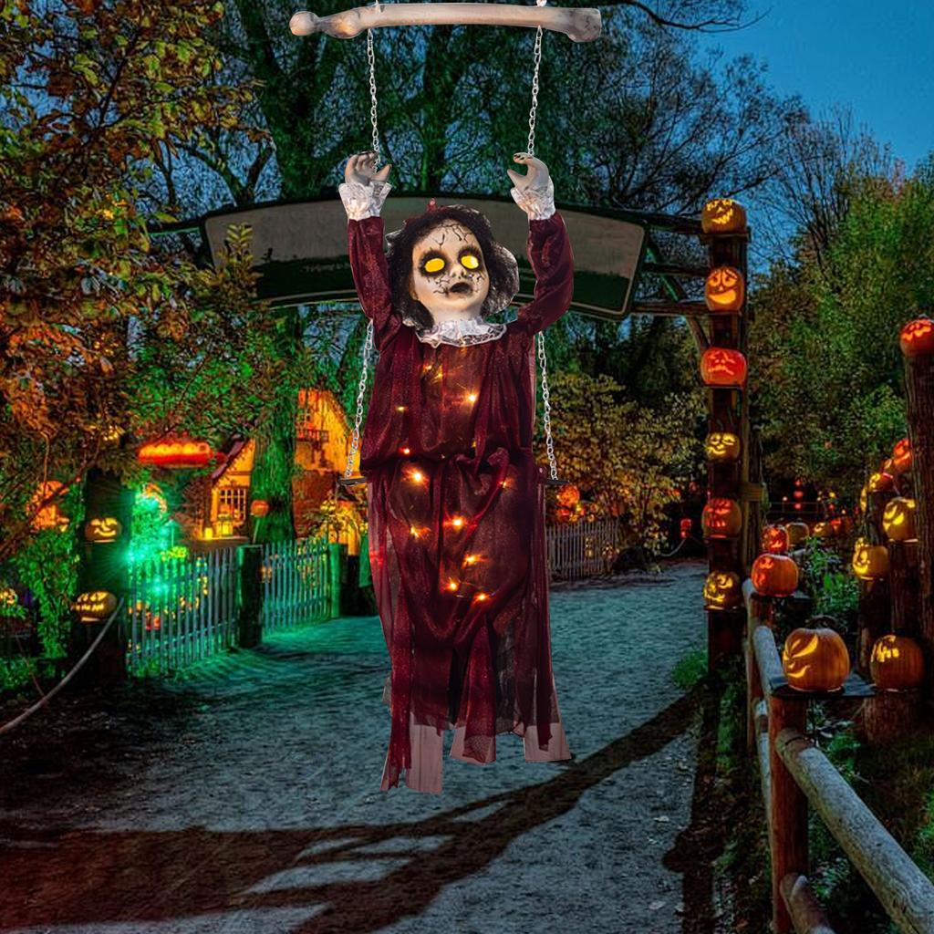 Wine Red Swing Girl Halloween Hanging Swing Chain Hanging Voice-controlled Luminous Haunted House Horror Decoration Pendant Props