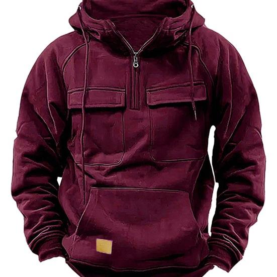 Yousheng весна-осень мужская толстовка с капюшоном в стиле карго с завязками на шнурке, большим накладным карманом, полумолнией, длинными рукавами, однотонная повседневная спортивная одежда