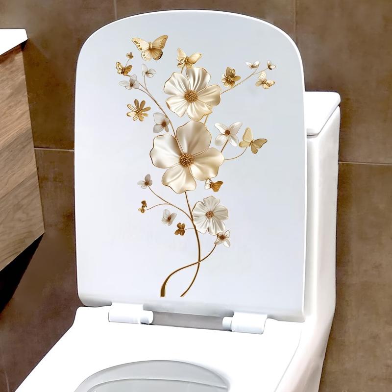 Flower Pattern Toilet Sticker Delicate Floral Design Lid Decal Waterproof Removable for Commercial Restroom Home Decor