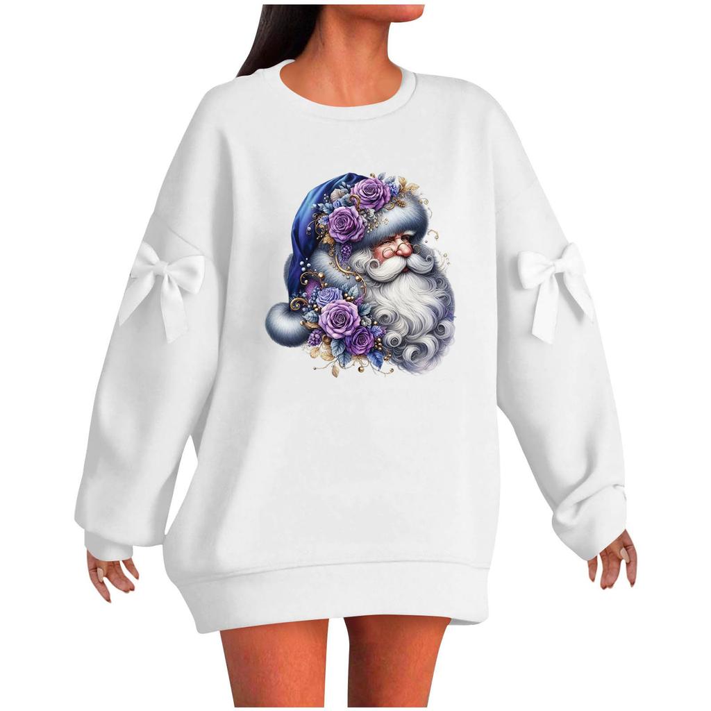Ladies' Christmas Printed Bow Round Neck Long Sleeved Loose Pullover Sweater Sweatshirt Top