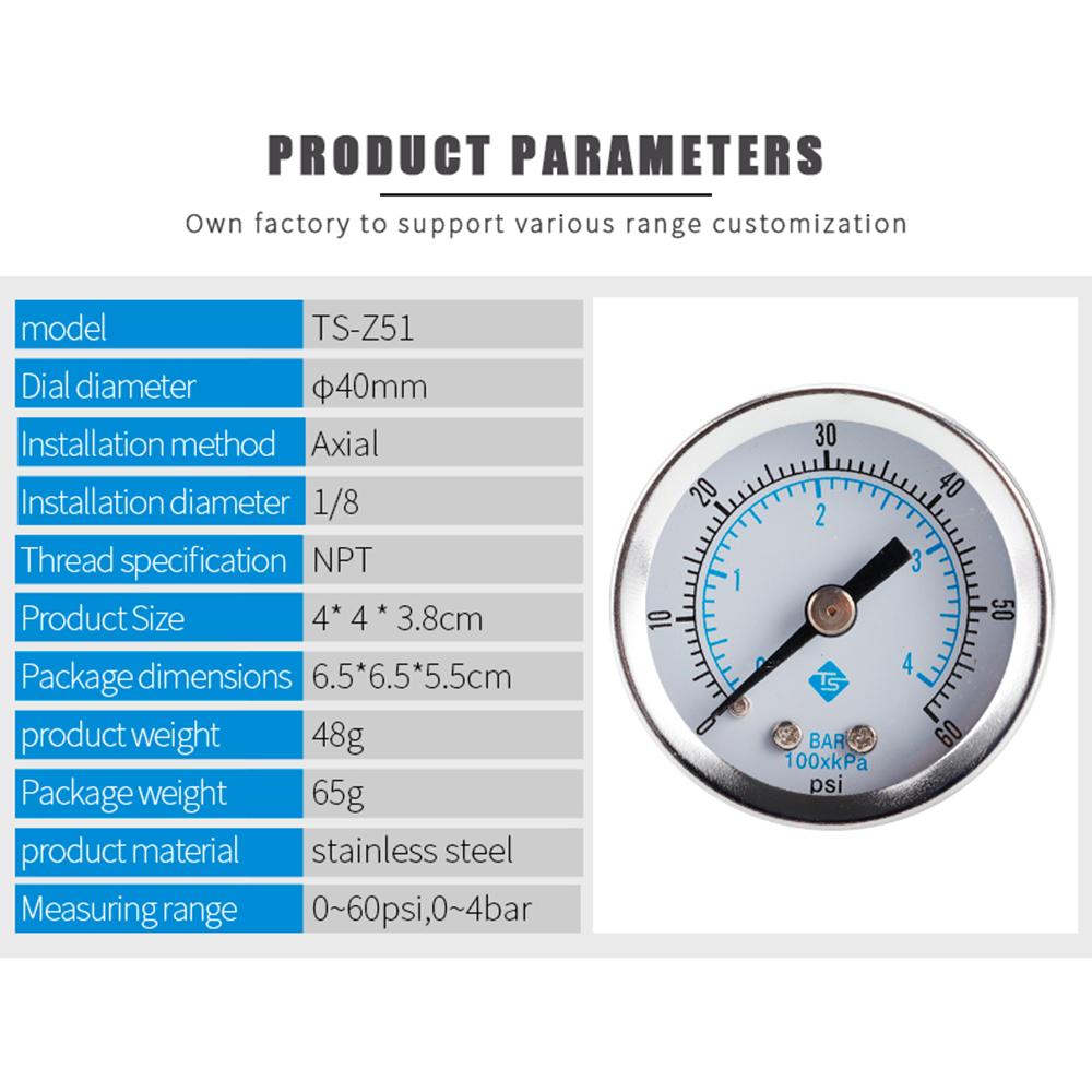 TS-Z51 Dual Scale Economic Pressure Gauge Water Pressure Gauge Stainless Steel 1/8'' NPT Lower Mount