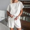 Женский комплект из двух предметов, хлопковый лен, летний комплект для отдыха, повседневный короткий костюм с круглым вырезом и талией на шнурке для домашней одежды
