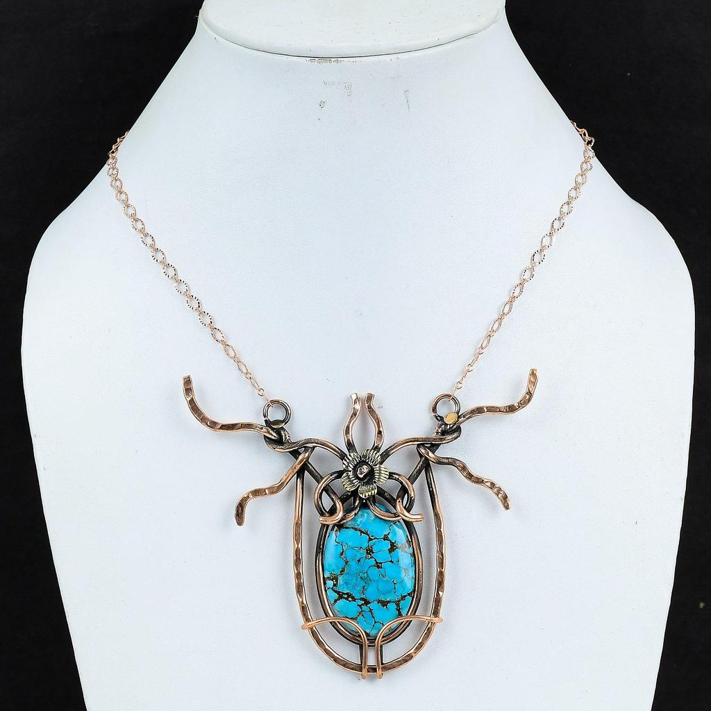 Tibetan Turquoise Copper Necklace Wire Wrapped Necklace Handmade Adjustable Chain Necklace Gemstone Copper Wire Wrap Jewelry Gifts For Women