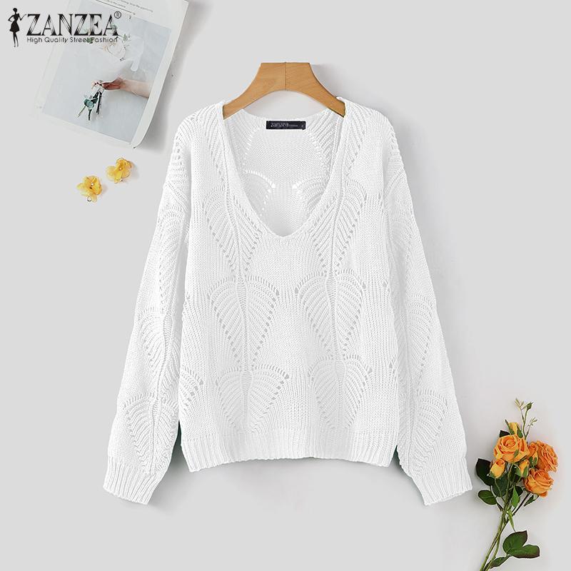 ZANZEA Осенние женские пуловеры с V-образным вырезом, длинными рукавами и ажурной вязкой