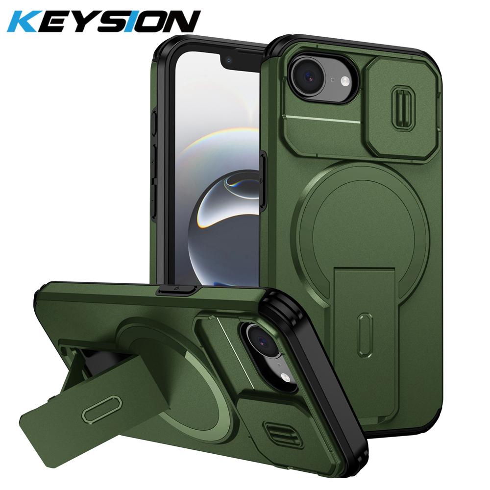 KEYSION Противоударный бронированный магнитный чехол для iPhone 16e Силикон+ПК Сдвижная защита камеры Подставка Беспроводная зарядка Чехол для телефона