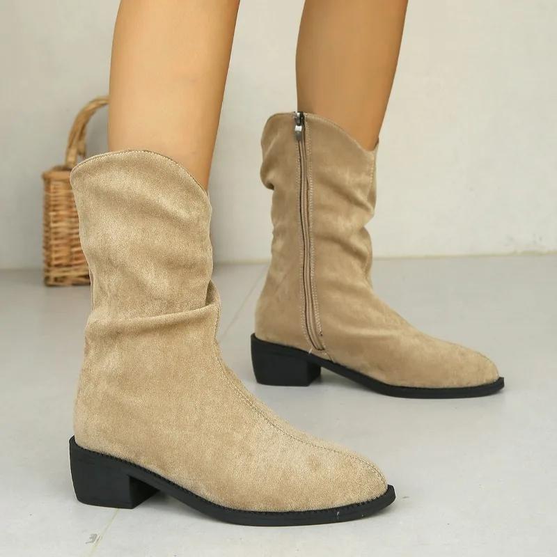 Women's Shoes 2024 New Fashion High Quality Zipper Women's Boots Winter Pointed Toe Solid Mid Calf Thick Heel Simple Roman Boots