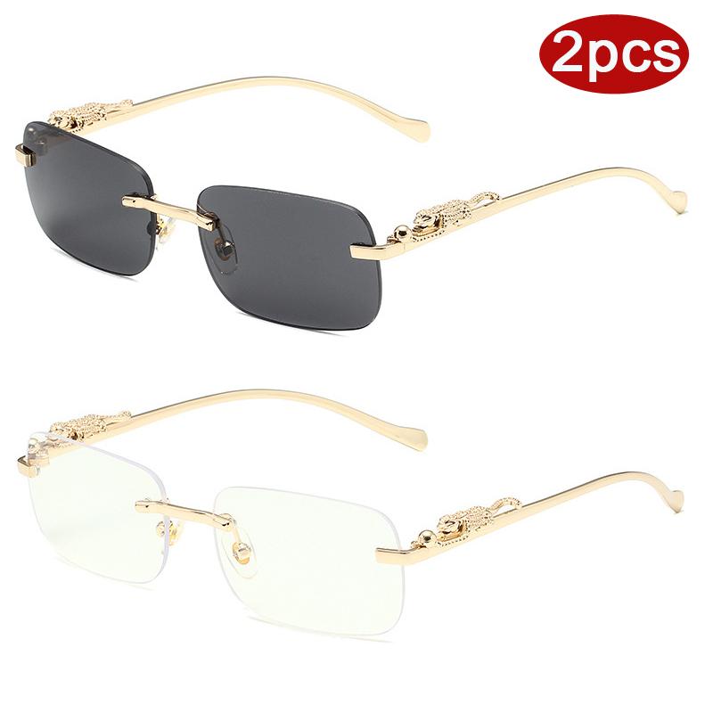 2Pcs Fashion Rimless Metal Square Sunglasses Women Leopard Decoration Sun Glasses Outdoor Colorful Lens Shades Female Uv400