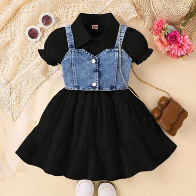 Летний новый костюм для девочек 3-7 лет, однотонное платье с рукавами-фонариками + жилет на подтяжках, комплект из двух предметов