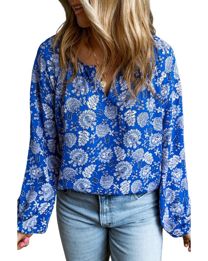 Azura Exchange Blue Floral Notched V-Neck Long Sleeve Blouse