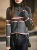Women's Retro Color Block High Neck Knit Cardigan - Autumn Winter Long Sleeve Korean Style Sweater in Coffee Tone.