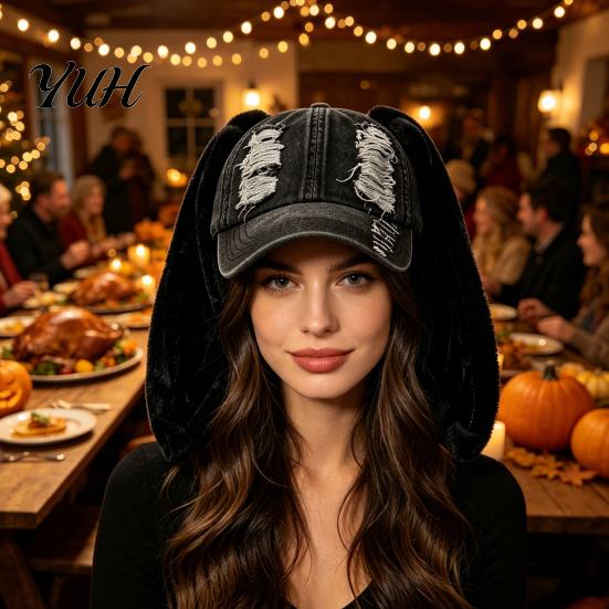 Casual Windproof Hat Baseball Cap with Plush Rabbit Ears, Washed Distressed Peaked for Winter, Long Bunny Ear Dance Party Show Festivals Cold Weather