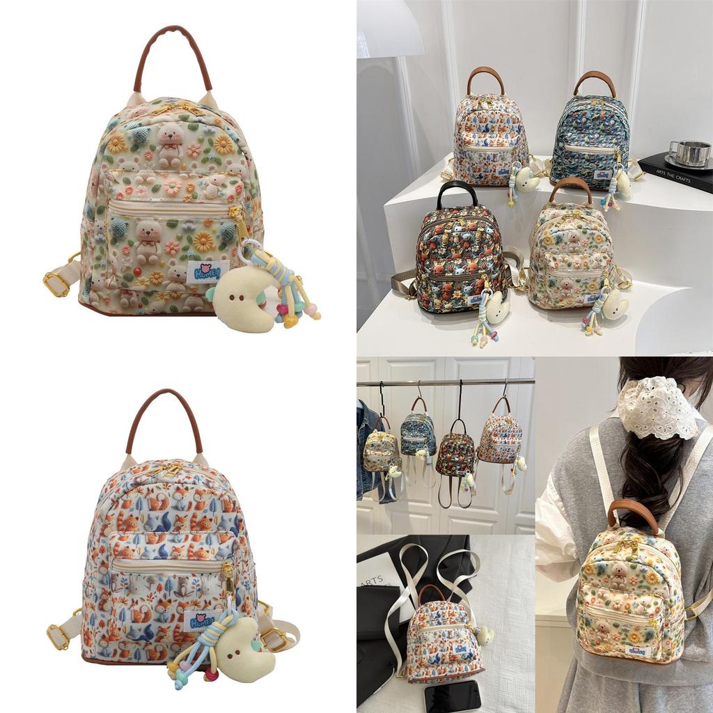Cute Cotton Rabbit Bear Fox Shell Printed Student Casual Backpack With Pendant For Women