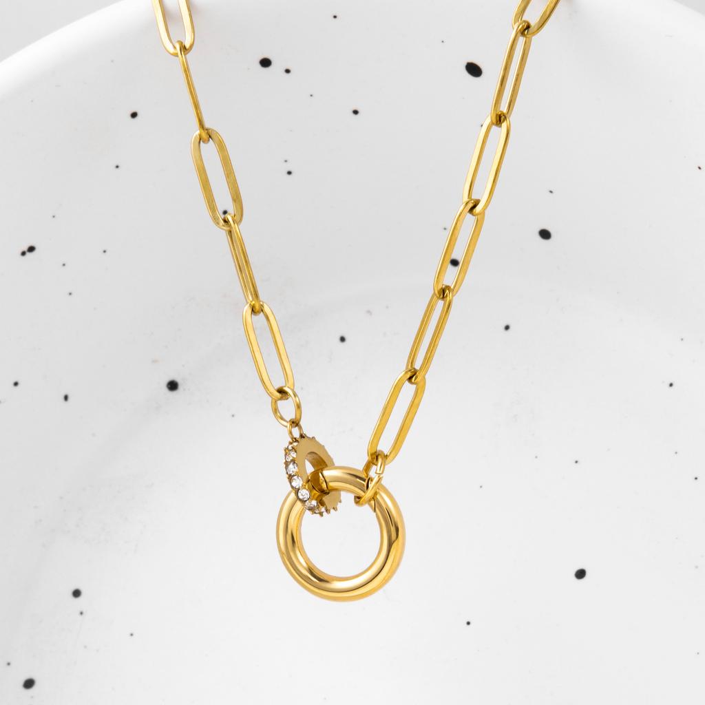 YF5143 Non Tarnish Round Push Clasp Necklace 18k Gold Plated Stainless Steel Zircon Charm Paperclip Chain Necklace for Women