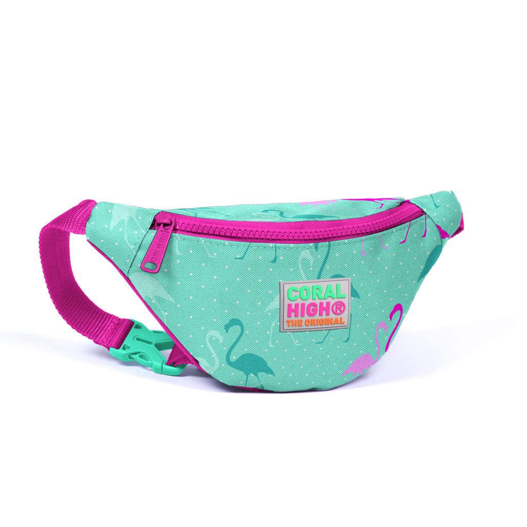 coral high Kids Water Green Neon Pink Flamingo Patterned Waist Bag 22571