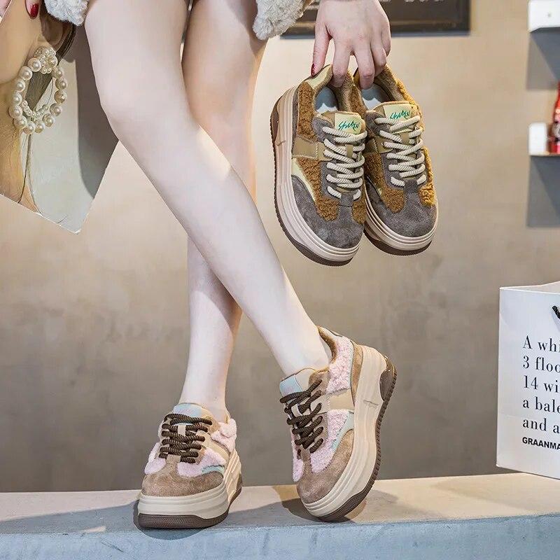 Fujin 7 см из синтетической натуральной кожи, женские повседневные модные кроссовки на танкетке на платформе, весенне-осенние вулканизированные туфли с контурным рисунком