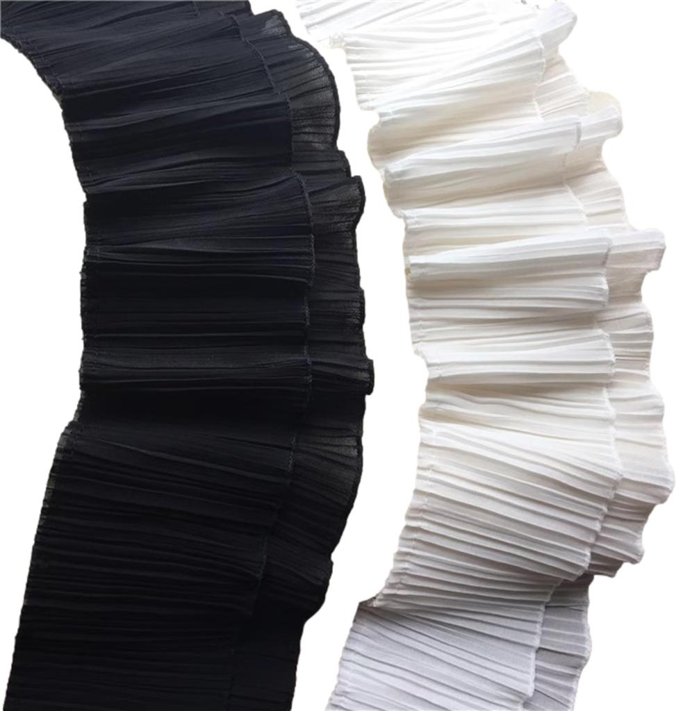 13cm Wide X Long Soft Chiffon Lace Pleated Cute Black and Decorative for Wedding Dresses and Costumes 4.5m Double-Layer Fabric, Ribbon, White, (White)