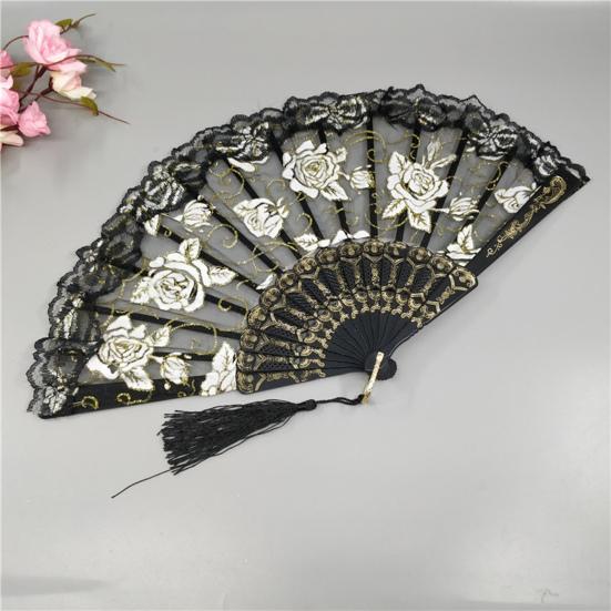 Rose Lace Folding Fan with Tassel Vintage Wedding Dance Performance Photo Props Portable Summer Hand Held Fan Party Supplies Gift