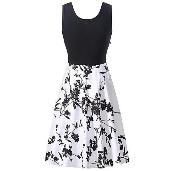 Womens Retro Floral Print Sleeveless Cotton Dress With Round Neck For Summer Vintage Style
