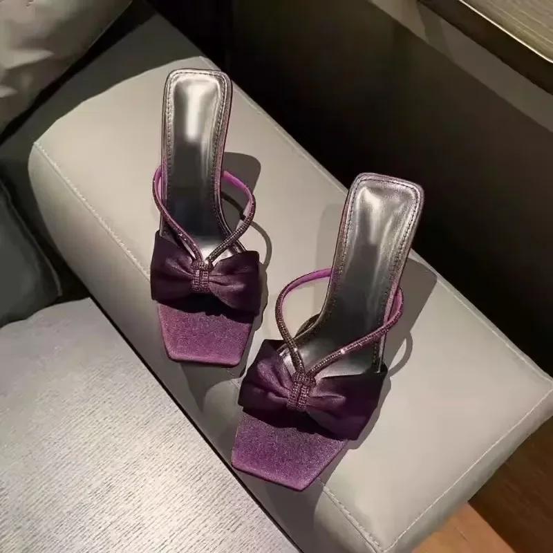 Женские тапочки на высоком каблуке с бантом и стразами, из сатина, обувь, женские, сексуальные, летние модели для платья, сандалии