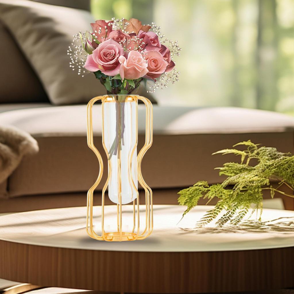 Настольная стеклянная ваза для цветов, металлический каркас, настольный орнамент, золотой цвет, подставка для размножения растений для сада